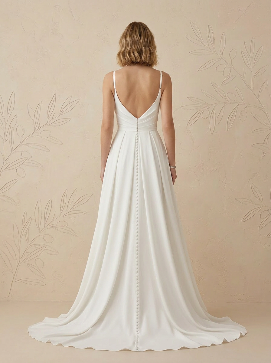 White A-Line Scoop Pleated Crepe Back Satins Wedding Dress with Slit